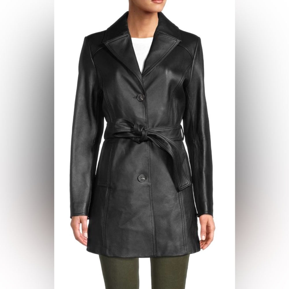 Tahari‎ Genuine Leather Trench Coat Black XS – Classic Sleek Minimalist Chic